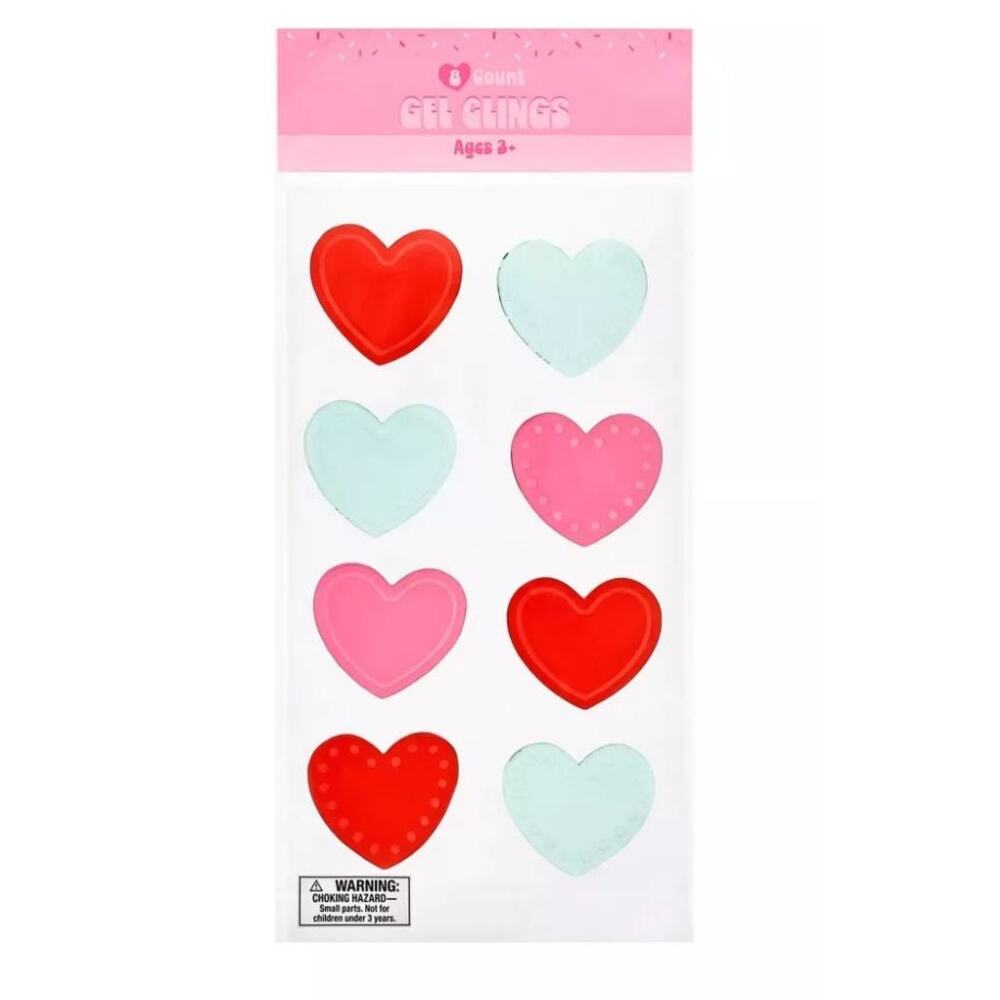 NEW Cute Window Gel Cling Stickers Hearts Valentines‎ Day 8 Pink Red Green LOVE!
